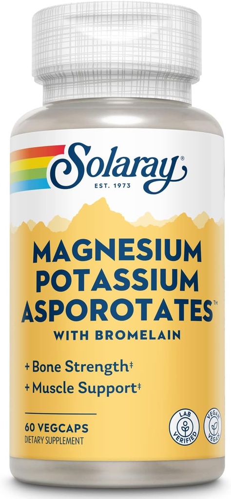 Solaray Magnesium og Kalium Asporotater w / Bromelain, Sund Elektrolyte, Muscle, Heart & Cellular Support, 60 VegCaps