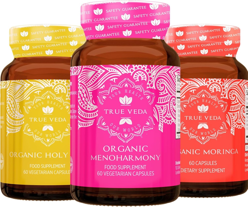 True Veda Menopause Bundle USDA Organic | Multi-Award-Winning | Organic Moringa | Organic Holy Basil with Vitamin B6 | Organic MenoHarmony Capsules