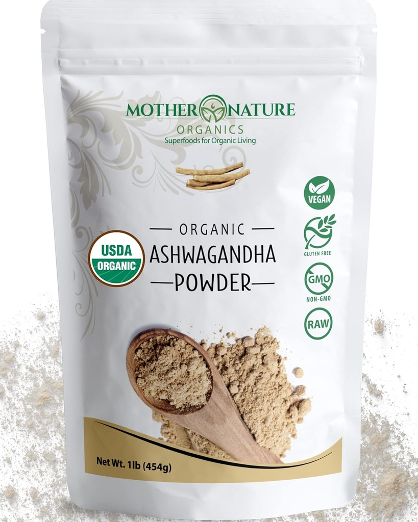 USDA Organic Certified Ashwagandha Powder, 100% Pure, Raw, Powerful Adaptogen Herb Supplement - Non- GMO, Vegan, Gluten- Free (1lb Bag)