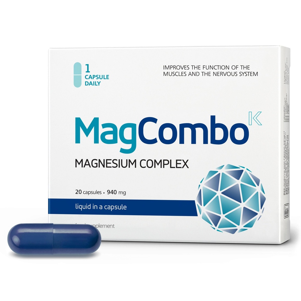 MagCombo - Koncentreret Pure Magnesium, Special Oil Formel med maksimal Absorption for ben kramper, spændte muskler, søvn, beriget med Vitamin В2, В6, В12 og Þ, kun 1 Capsule Daily. (pakning med 1 stk.)
