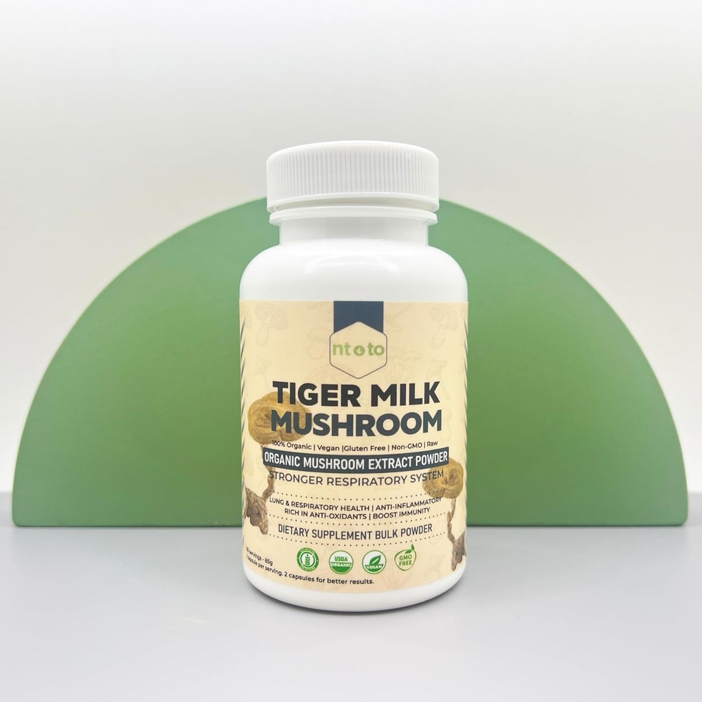 Tiger Milk Mushroom Supplement (Lignosus Rhinocerus) 60 Capsules Name 124; Understøtter Lungs & Respiratory Health - Herbal Extract - Non- GMO, Vegan, Økologisk Name 124; 60 Servering