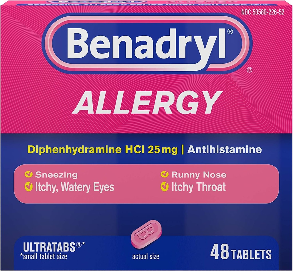 Benadryl Ultratabs Antihistamin Allergi Medicin, Diphenhydramin HCl tabletter, 48 ng