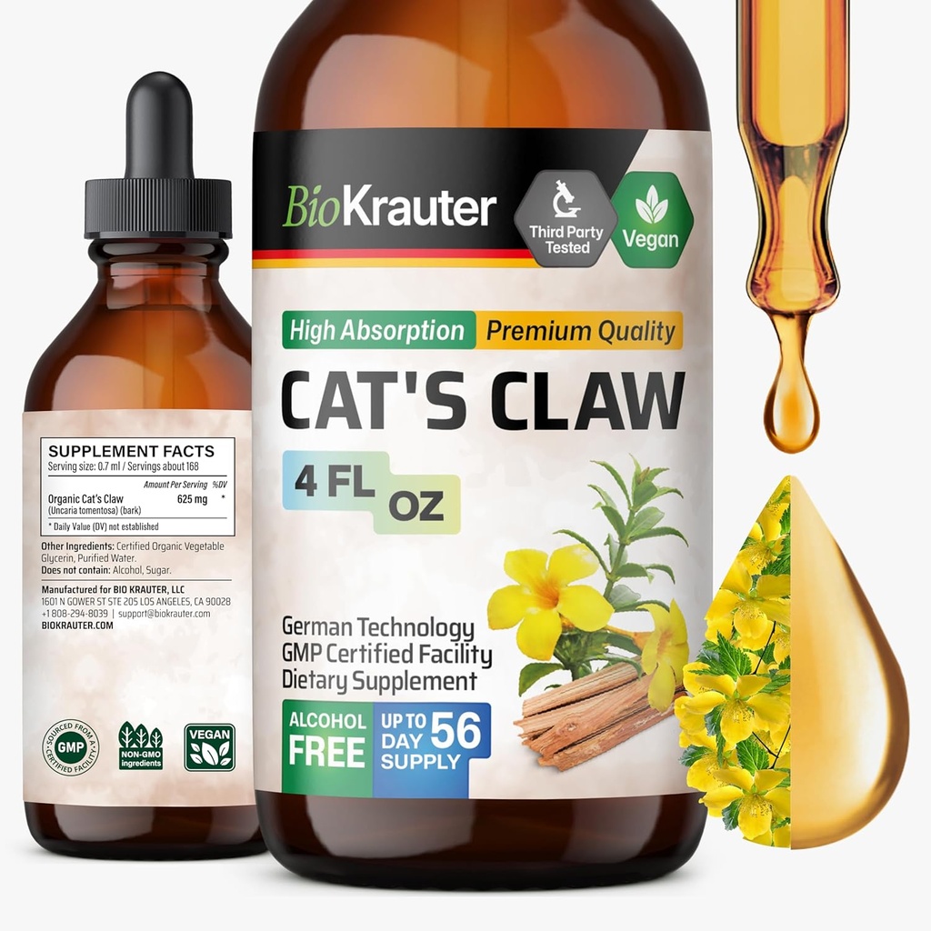 BIO KRAUTERCats Claw Tincture - Flydende katte Claw Herb til immunforsvar - Alkohol & Sukker fri - Veganske dråber 4 Fl.Oz.