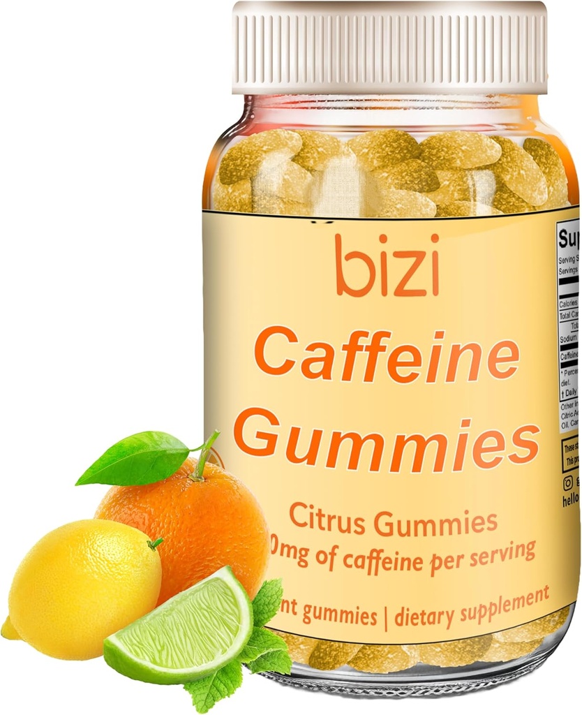 Bizi Koffein Gummies for mænd og kvinder, Energy Supplement til Boost Focus, Koffein Gummies for voksne, 30mg Koffein per Gummian, Citrus Flavor (60 ct)