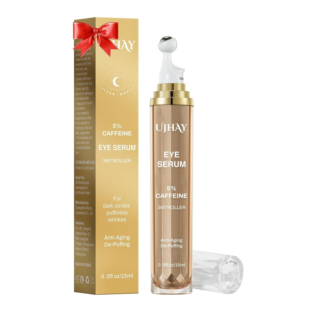 5% koffein Eye Cream, Under Eye Serum for mørke cirkler, Puffiness & Wrinkles Fine Lines, Eye Roller Serum med 360 ° Massage Ball, Eye Treatment Balm for Mænd & Kvinder