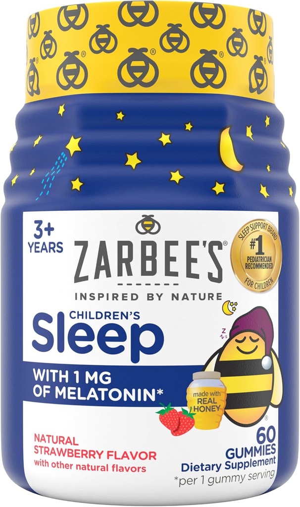 Zarbee 's Kids Melatonin Gummies med 1 mg Melatonin, Kids Sleep Gummy Arbejder med naturlige sovekredse for at fremme fredelig søvn, Drug- Free, Non- Habitat-Forming, Natural Strawberry, 60 ct