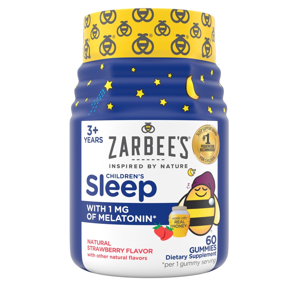 Zarbee 's Kids Melatonin Gummies med 1 mg Melatonin, Kids Sleep Gummy, Promoes Peaceful Sleep, Drug- Free, Non- Habitat-Forming, Natural Strawberry, 60 ct