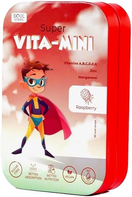 Soul Strips Super Vita-Mini - Essential Vitamins A, B, C, D, E, K & Minerals for Kids' Growth & Health, Raspberry Flavor, Zero Sugar, 100% Vegan, 30 Strips Pack '