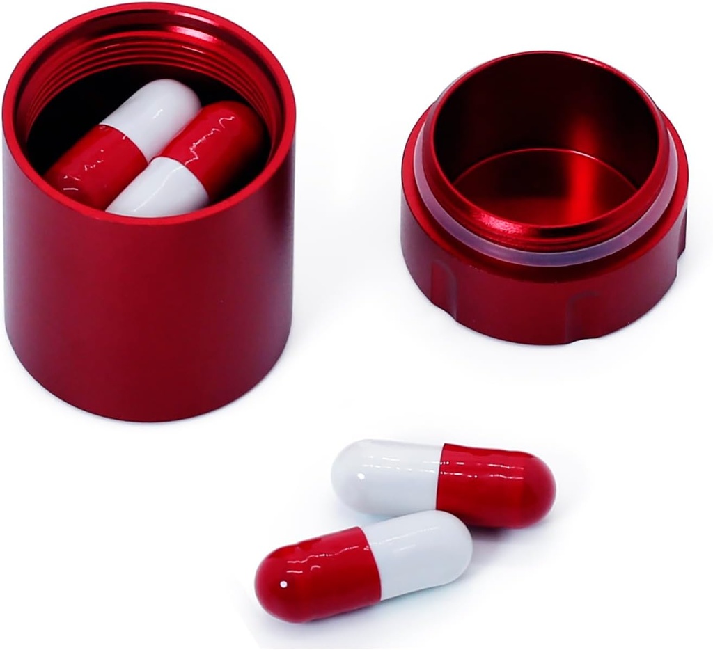 Bærbar Metal Lille Pill Case, Aluminium Alloy Round Pill Box for Rejser, Vandtæt Pill Box Organizer, Pocket Daliy Pill Holder Pill Container til Medicin Vitamin Fiskeolier (rød)