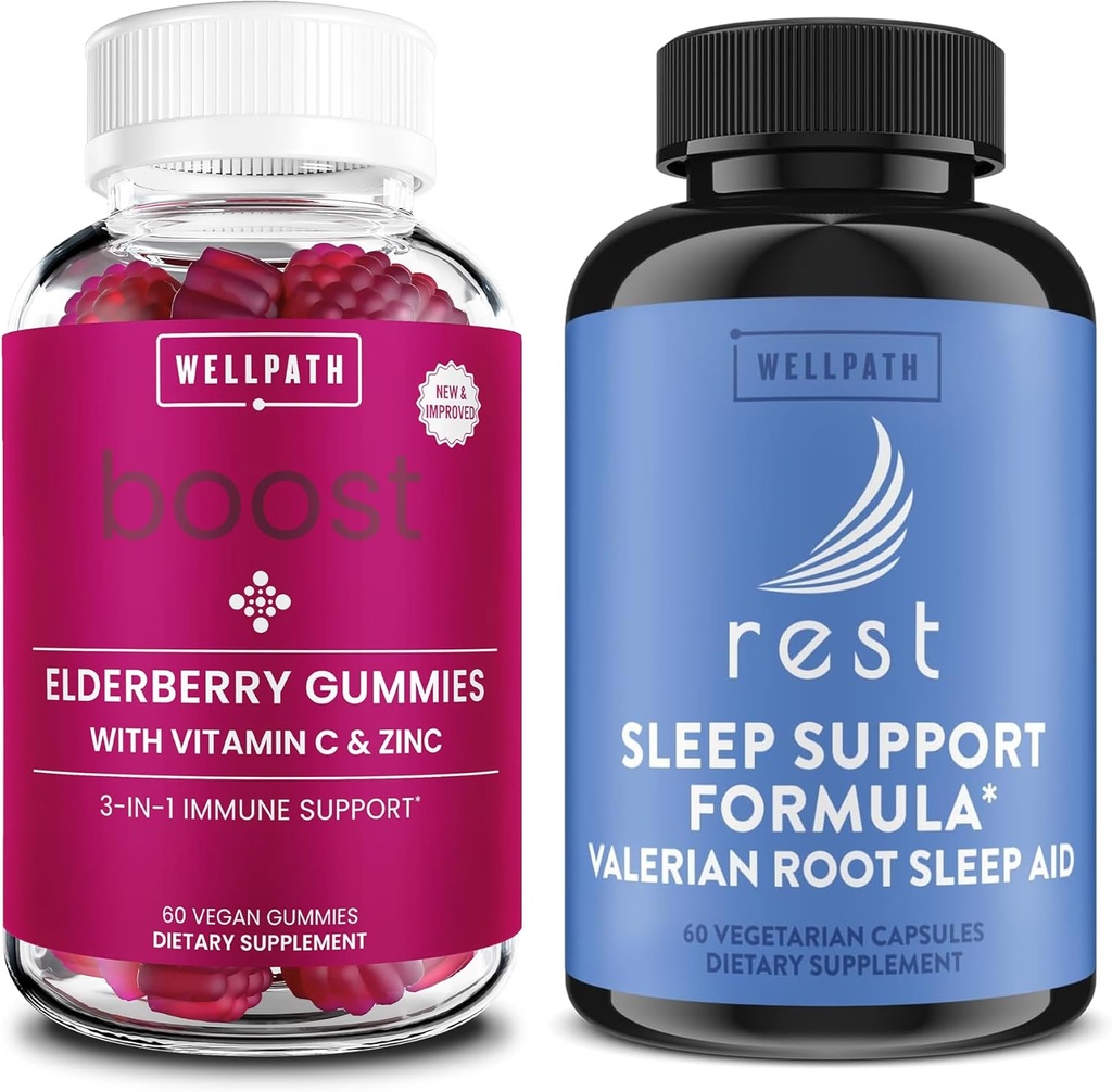WellPath Elderberry Gummies med zink + resten Valerian Root Sleep Aid for voksne med Melatonin & L- Theanine, 60 Ct hver