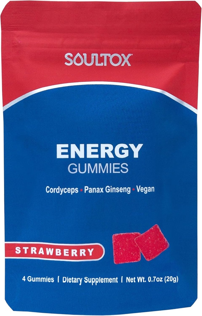 Soultox Energy Mushroom Gummies Strawberry - Vegansk formel med Ginseng, Cordyceps, Koffein, Vitamin B12 - Øger energi og kognitiv funktion - Naturlige ingredienser - 10 Pack