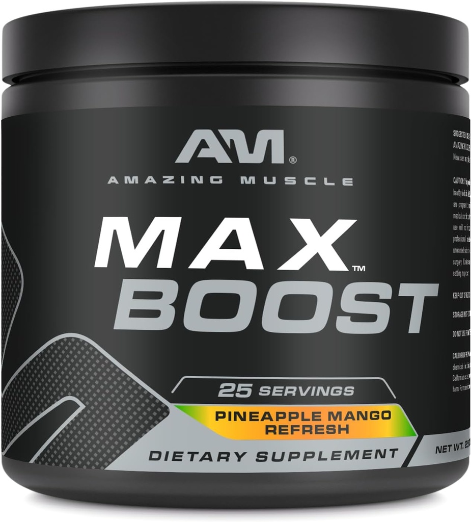 Amazing Muscle Max Boost Budding 124; 25 Servering Buddy 124; Intensive Pre- workout Supplement for mænd & kvinder Buddy 124; Indeholder Creatinine Monohydrat, Koffein, Beta- Alanine, Betain (25 Servering, Ananas Mango)