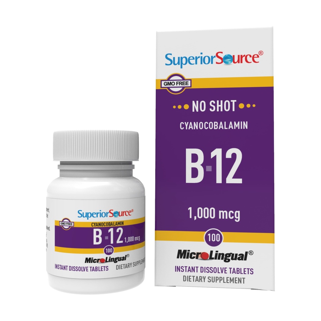 Superior Source No Shot Vitamin B-12 Cyanocobalamin 1000 mcg - Vitamin B-12 til støtte for energiproduktion, Hjerne Sundhed & Samlet Wellness - Sublinguale tabletter - 100 opløselige tabletter