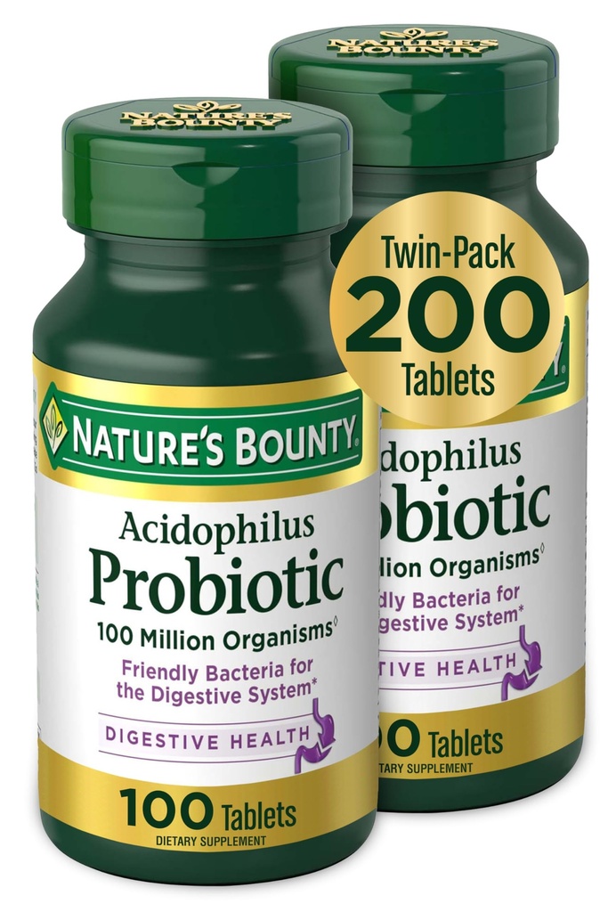 Nature 's Bounty Acidophilus Probiotic, Daily Probiotic Supplement, fordøjelsessundhed, 200 tabletter, Twin Pack