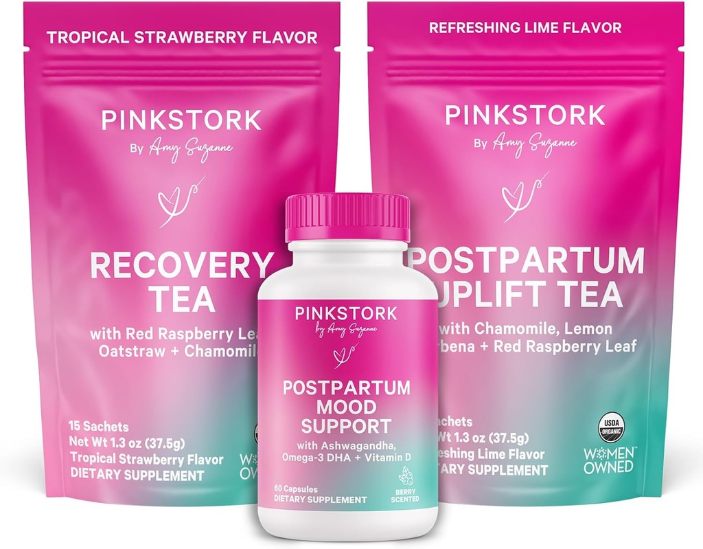 Pink Stork Postpartum Essentials Kit - Hormonbalance, Recovery & Mood Support for New Moms - Postnatal Vitamin Ashwagandha + Herbal Teas for Stress Relief, Energi, Sove - Gavesæt - Vegan, Økologisk