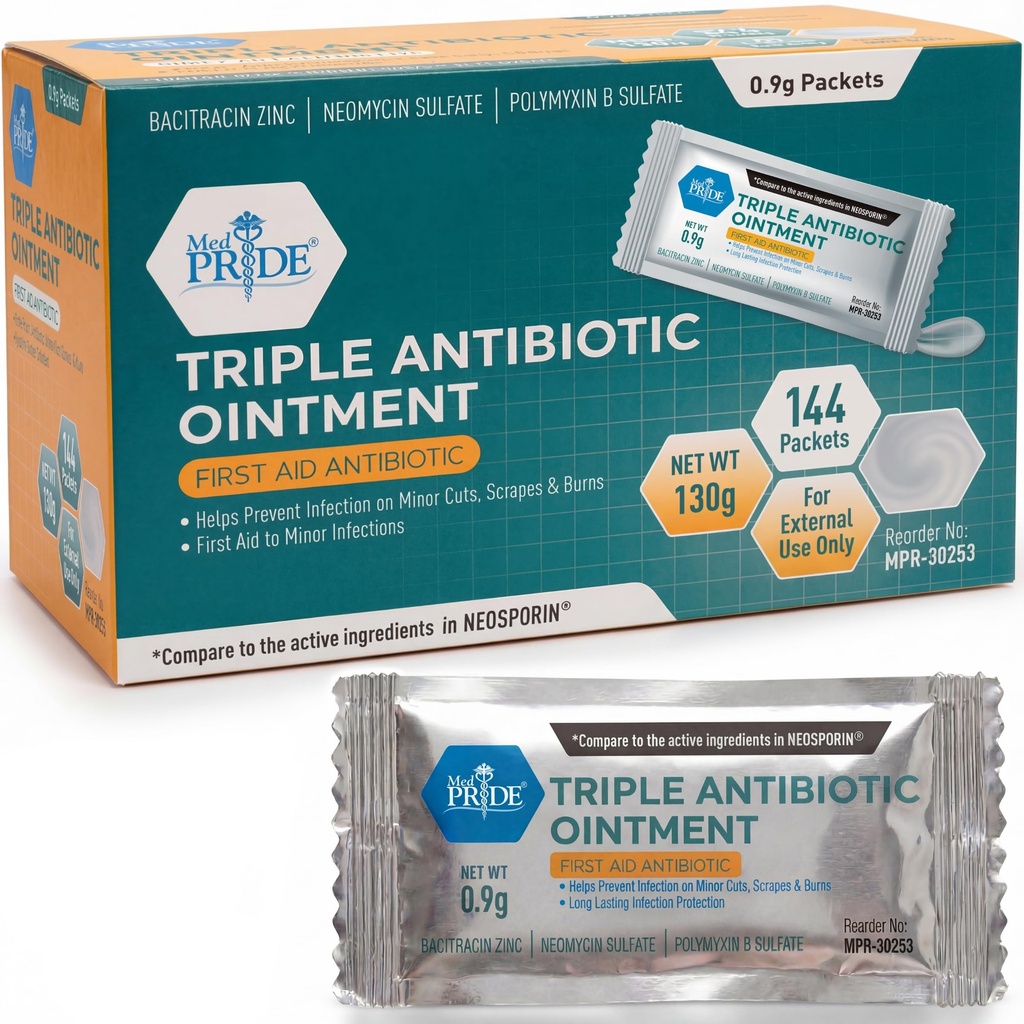 MED PRIDE Triple Antibiotisk Salve Pakker Bulk 144 X 0.9g, Individuel Antibiotisk Salve Pakker til Burns, Cuts, Sårpleje