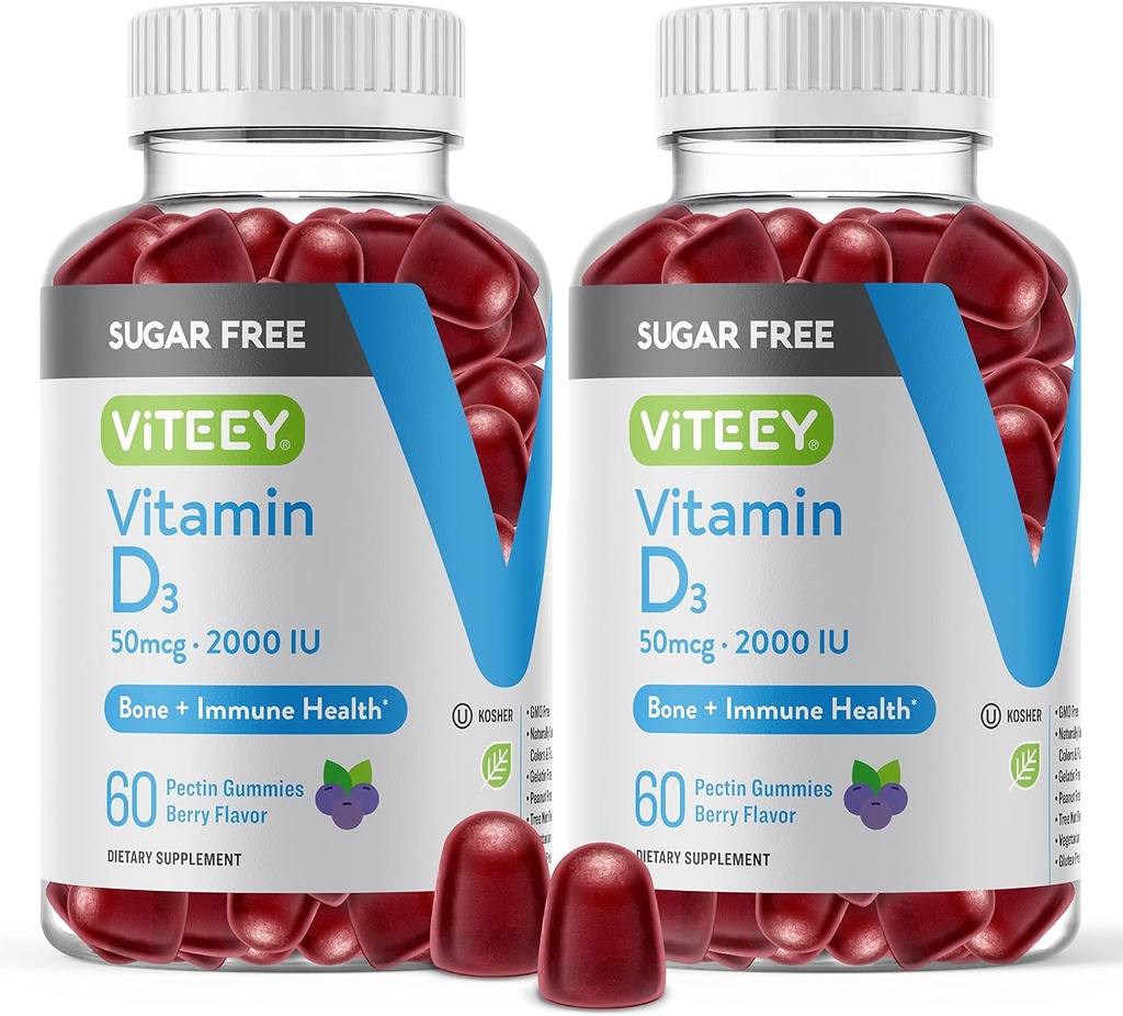 Viteey Vitamin D3 Gummies for voksne & Teens - 2.000 IE, 50mcg - Sugar Free, Bone, Joint & Muscle Health, immunboost - Vegetar, Gelatine Free, GMO Free - Tasty Chewable Berry Flavored Gummy