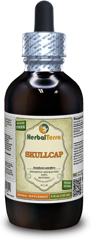 Skullcap (Scutellaria Lateriflora) Tinktur, Økologisk Tørret Herb Liquid Extract (Brand Name: HerbalTerra, Stolt Lavet i USA) 4 fl.oz (120 ml)