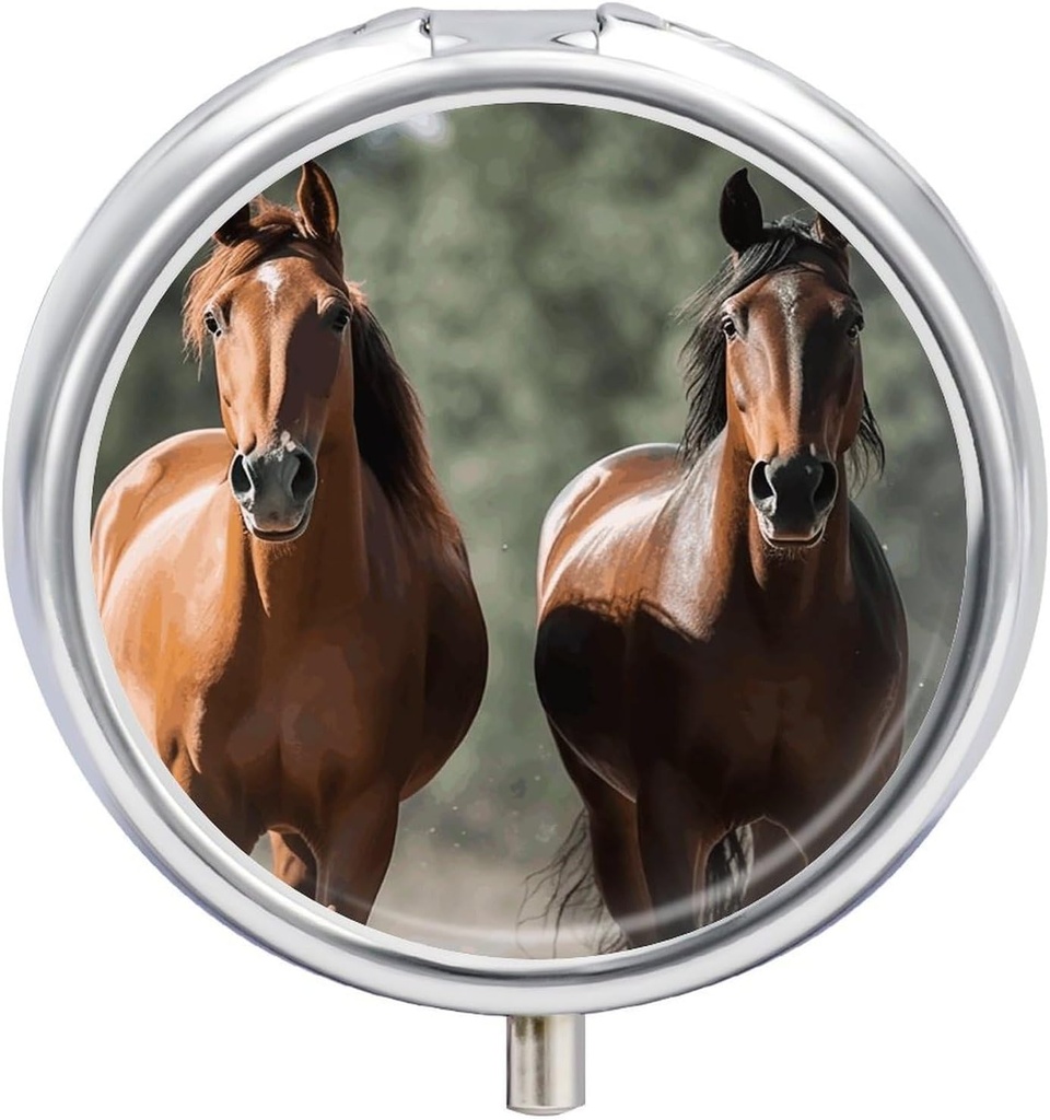 Round Pill Case 3 Segment Animales Heste Pill Box Mini Medicine Pill Organizer Portable Travel Pillbox til Pocket Purse Metal Pill Container til Vitaminer Fish Oil Kosttilskud