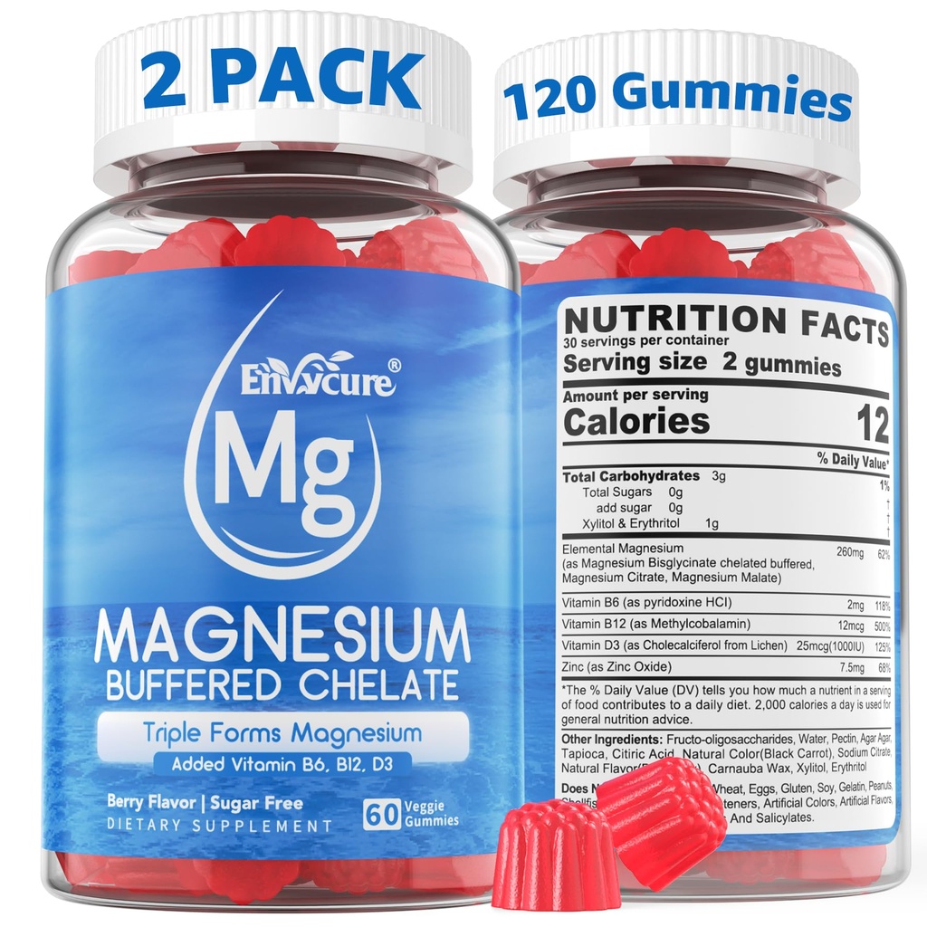 Magnesium Gummies - Triple Magnesium Complex, Magnesium Glycinate Gummies Note 124; Magnesium Glycinate, Malat, Citrate w / D3 B6 B12, for Calm, Sleep & Muscle Cramp