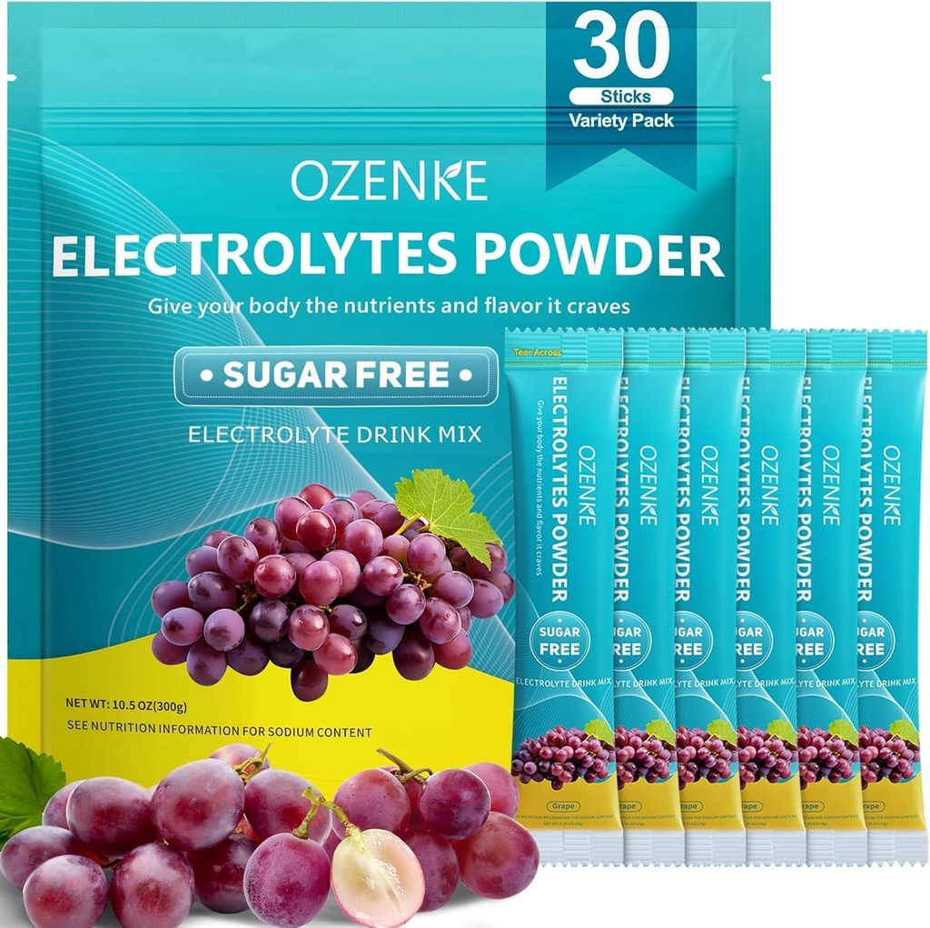 Elektrolytter Powder Packets, 30 sticks Hydration Packets Sugar Free, Electrolyte Drink Mix Portable Elektrolyte Packets til hurtig Hydration, 0 Sukker & 0 Kalorie, Grape Flavor