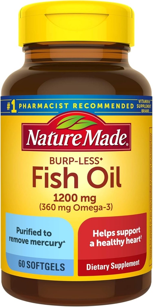 Burp- Mindre Fish Oil 1200 mg, 60 Softgels, Fish Oil Omega 3 tillæg For hjerte sundhed