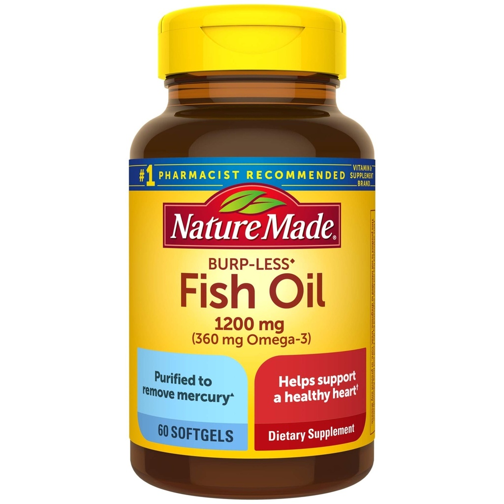 Burp- Mindre Fish Oil 1200 mg, 60 Softgels, Fish Oil Omega 3 tillæg For hjerte sundhed