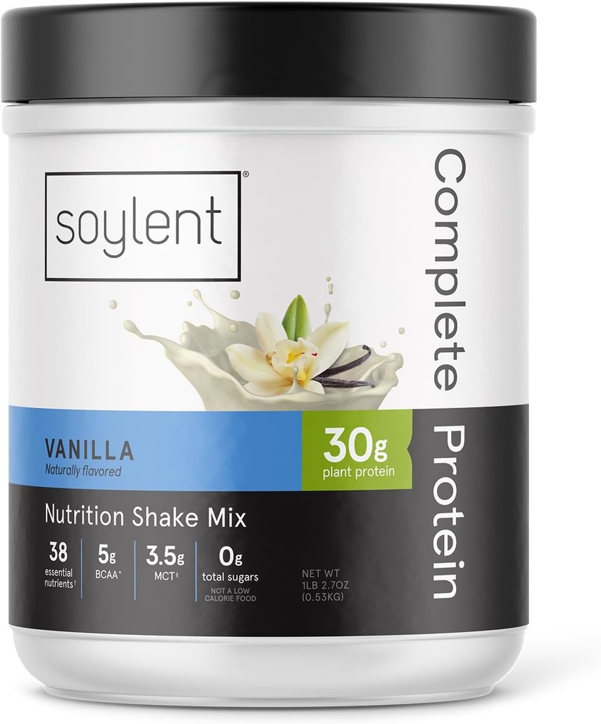 Soylent Complete Protein Powder, Vanilla, 30g Protein Shake for Muscle Growth and Recovery, BCAAs, DHA, MCT, 28 Vitamin & Minerals, Zero Sugar, Gluten Free, Vegan - 1.25lb