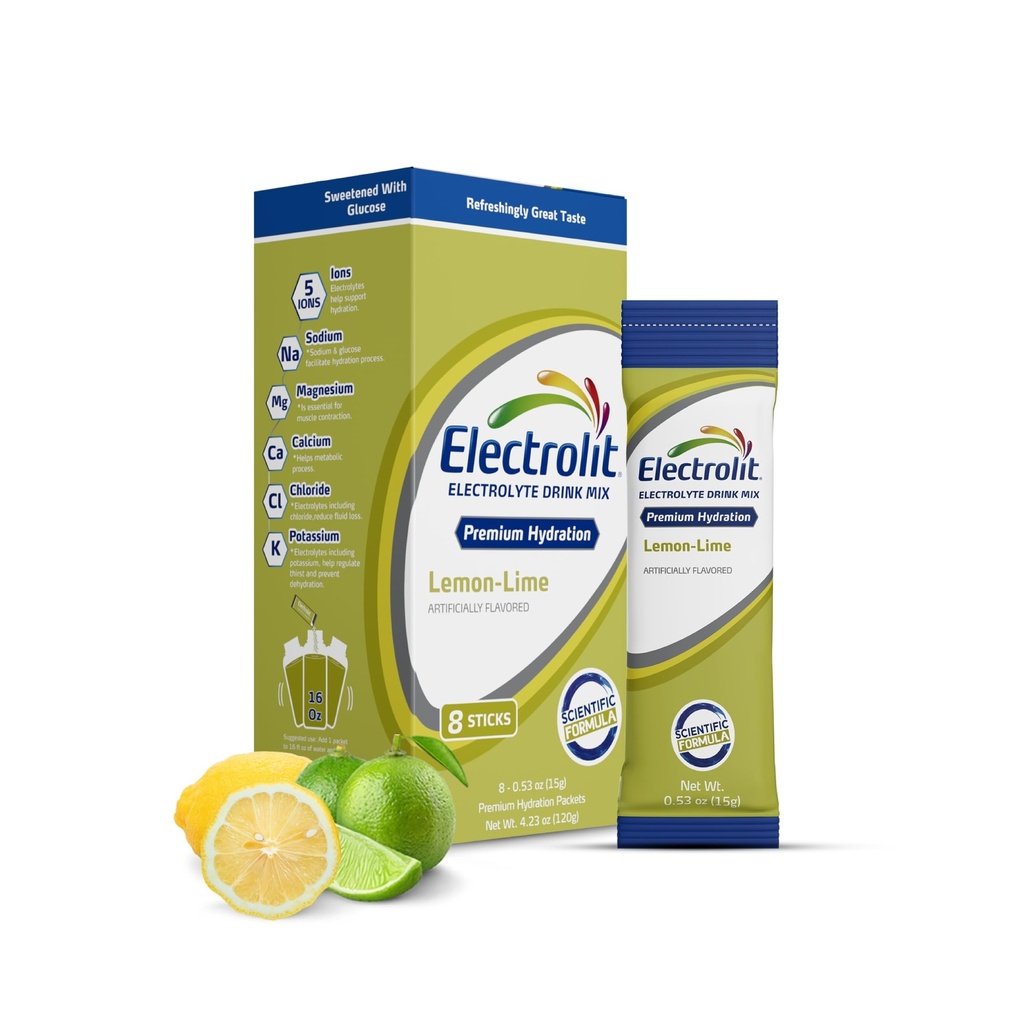 Elektrolyter Powder Pakker, Lemon Lime 8 Pack, Pulveriserede Hydration Pakker til Dehydrering & Rehydrering, Post Workout Flavored Hydrating Drink Mix, Gluten Free Daily Water Enhancer Sticks