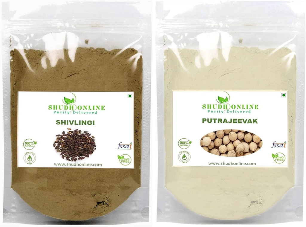 Shudh Online Sivalingi og Putrajivak Seed Powder Combo (100 gram hver), Putrajeevak og Shivlingi Beej pulver, Putrijivak, Putr Jivak, Shivalinga, Shivling