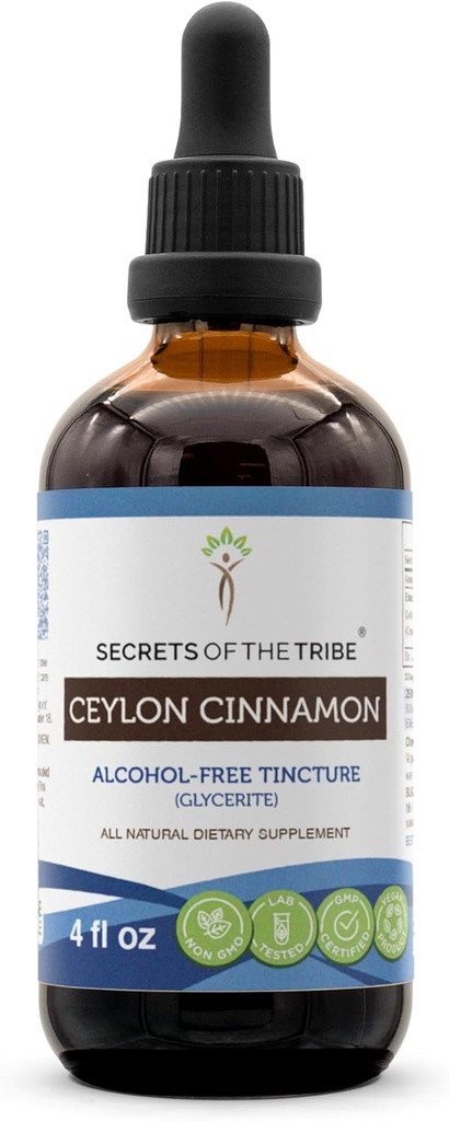 Secrets of the Tribe Ceylon Cinnamon Tincture Alcohol- Free Liquid Extract, Ceylon Cinnamomum Verum) Tørret Bark (4 FL OZ)