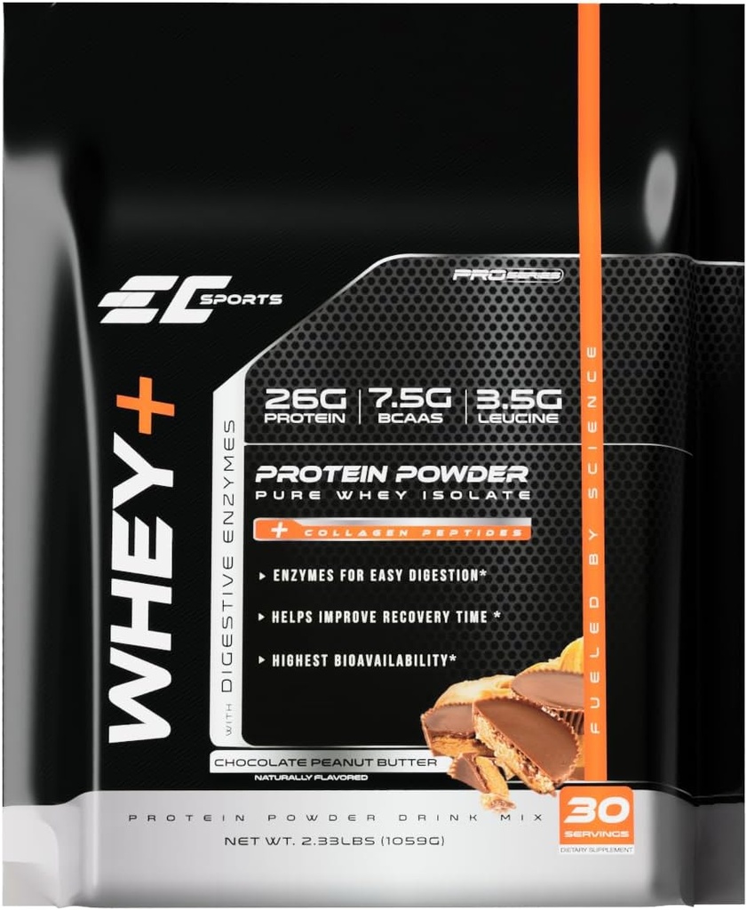 EC Sports Whey + Protein Powder, Chokolade Peanut Butter Mix w / fordøjelsesenzymer - Isolate Supplement, Collagen Peptider w / Swift Reform - 30 Serveringer