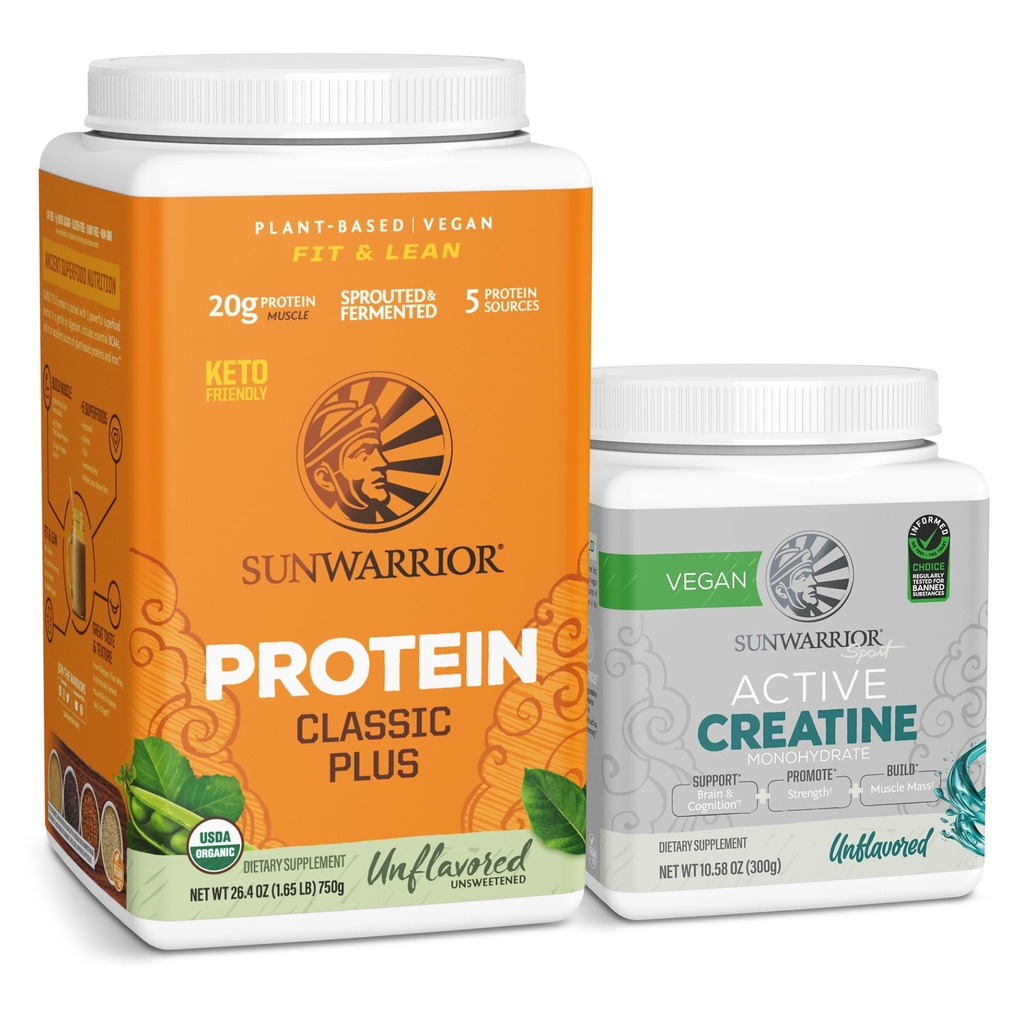 Sunwarrior Vegan Protein Powder Removal 124; Unflavored, 30 Serveringer & Creatin Monohydrat Powder Removal 124; Unflavored, 60 Serveringer