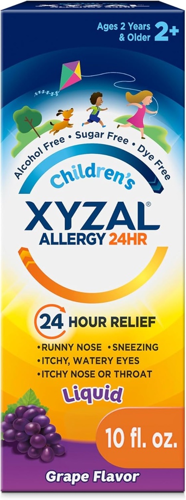 Xyzal Children's 24 Hour Allergy Relief Medicine for Kids, Levocetirizine Dihydrochloride Liquid Antihistamine, Grape, 10 Fl. oz.
