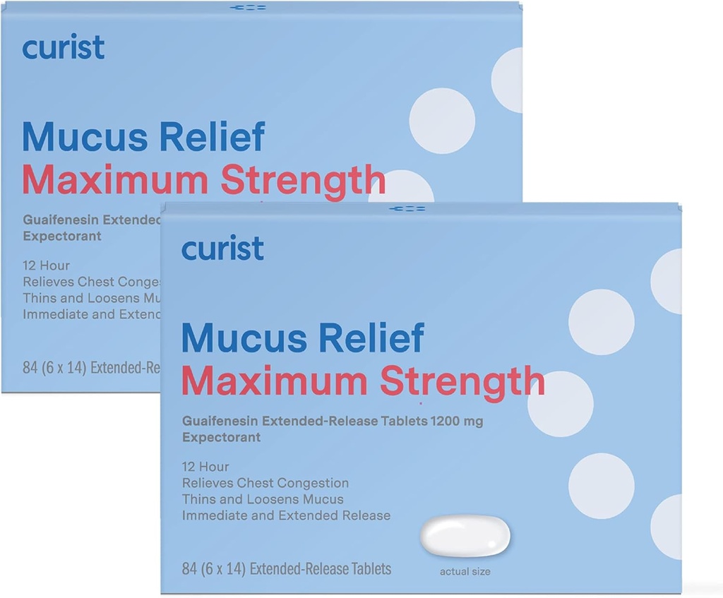 Curist Guaifenesin 1200 mg Extended Release Mucus Relief Maksimum Strength - 168 Count Bulk Extended Release Tablets - Reducer Mucus Clear Congestion (2 pakker med 84 tabletter)