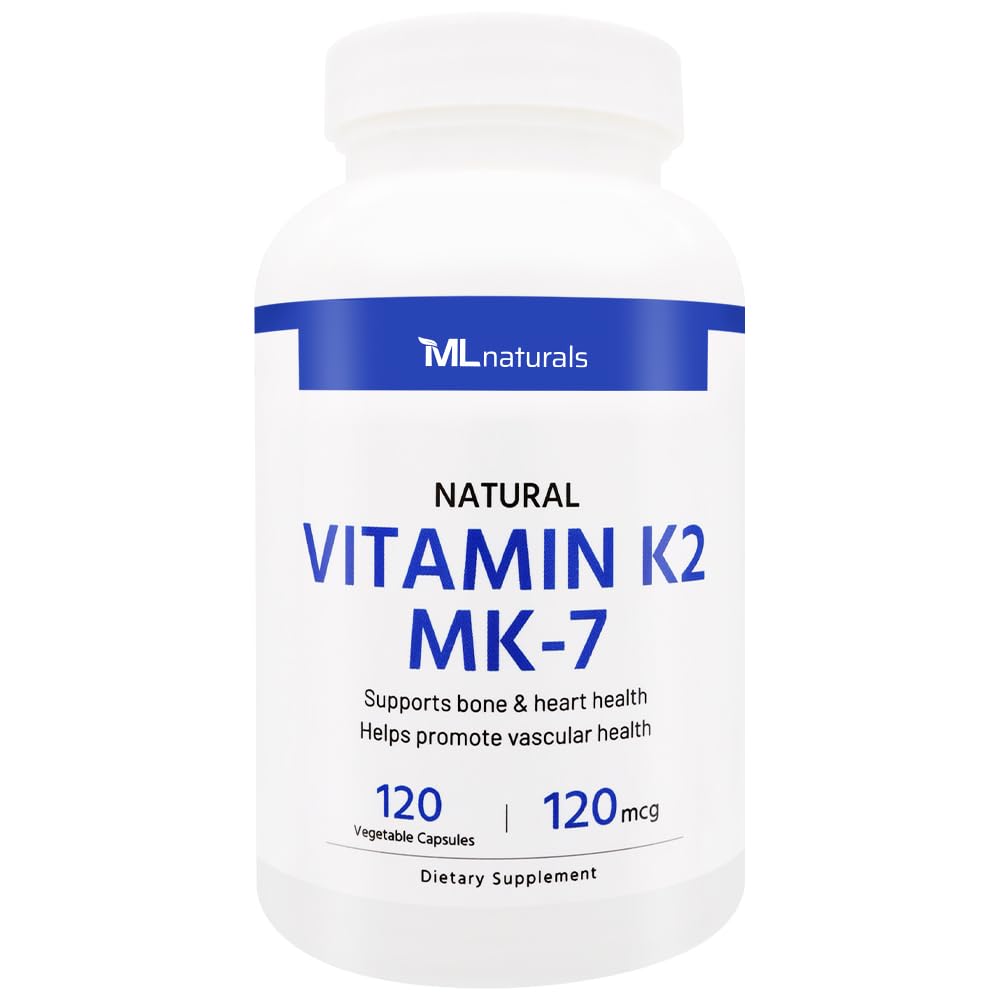 ML Naturals Natural Vitamin K2 MK- 7 120 mcg 120 Vegetabilske kapsler. Naturlige MK- 7 / 99% All- Trans MK- 7. Understøtter Bone & Heart Health, Hjælper Promote Vaskulære Sundhed, NSF- Certified & cGMP- Compliant.
