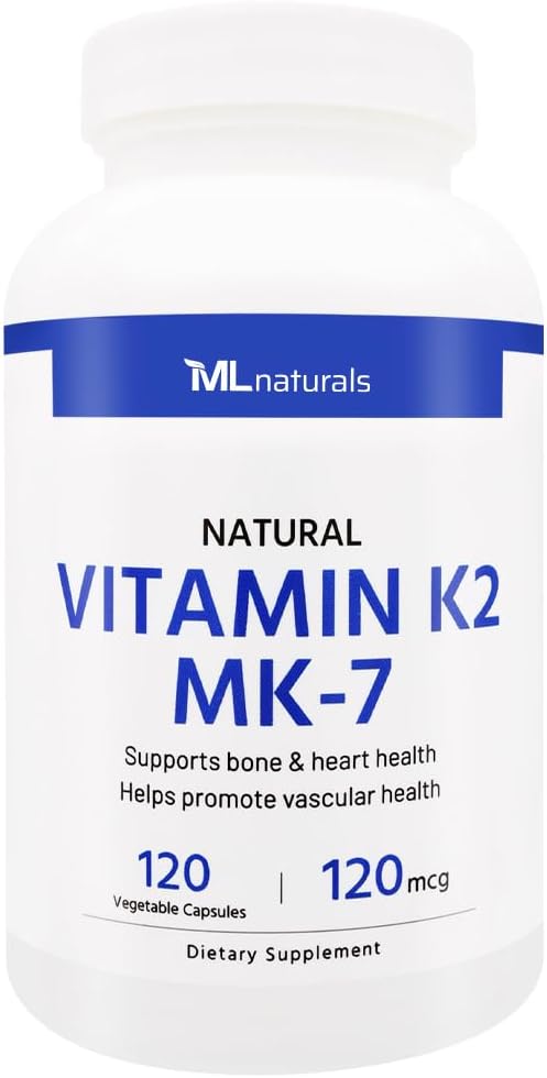 ML Naturals Natural Vitamin K2 MK-7 120 mcg 120 Vegetable Capsules. Natural MK-7/99% All-Trans MK-7. Supports Bone & Heart Health, Helps Promote Vascular Health, NSF-Certified & cGMP-Compliant.