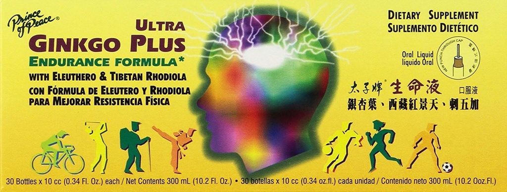 Prince of Peace Ultra Ginkgo Plus, 30 flasker, 0,34 fl. oz. Hver - Brain Boost supplement - Støtte til aktive livsstil - Ginkgo Biloba for Endurance
