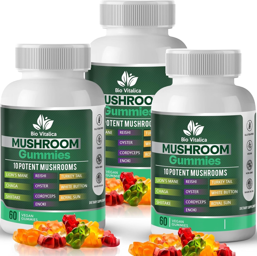 Mushroom Gummies - 10 Mushroom Kompleks med Lions Mane, Reishi, Chaga, Cordyceps & Mere - Fruity Vegan Gummies - Non-GMO, Gluten- Free, Plant- baseret - 3 pakker