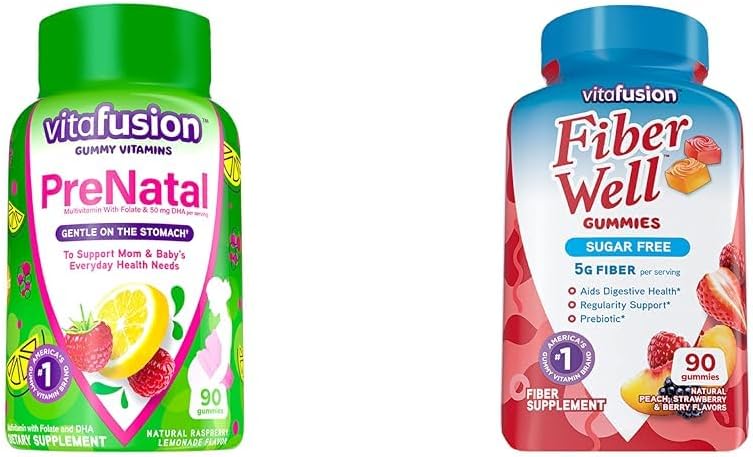Viafusion PreNatal Gummy Vitaminer, Hindbær Lemonade Flavored, Graviditet Vitaminer til kvinder & Fiber Godt Sukker Free Fiber Supplement, Peach, Jordbær og BlackBerry Flavored