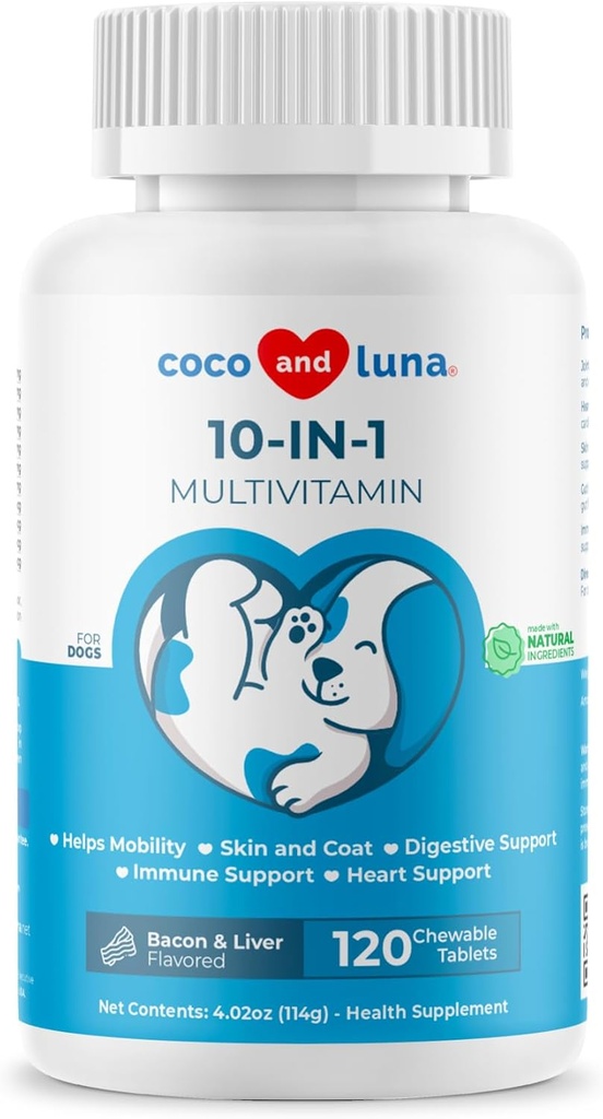 10 i 1 Multivitamin til hunde - 120 tyggetabletter med Glucosamin og Chondroitin - Fish Oil & Vitaminer med Coq10 til hud og hjerte sundhed, Gut & immunforsvar