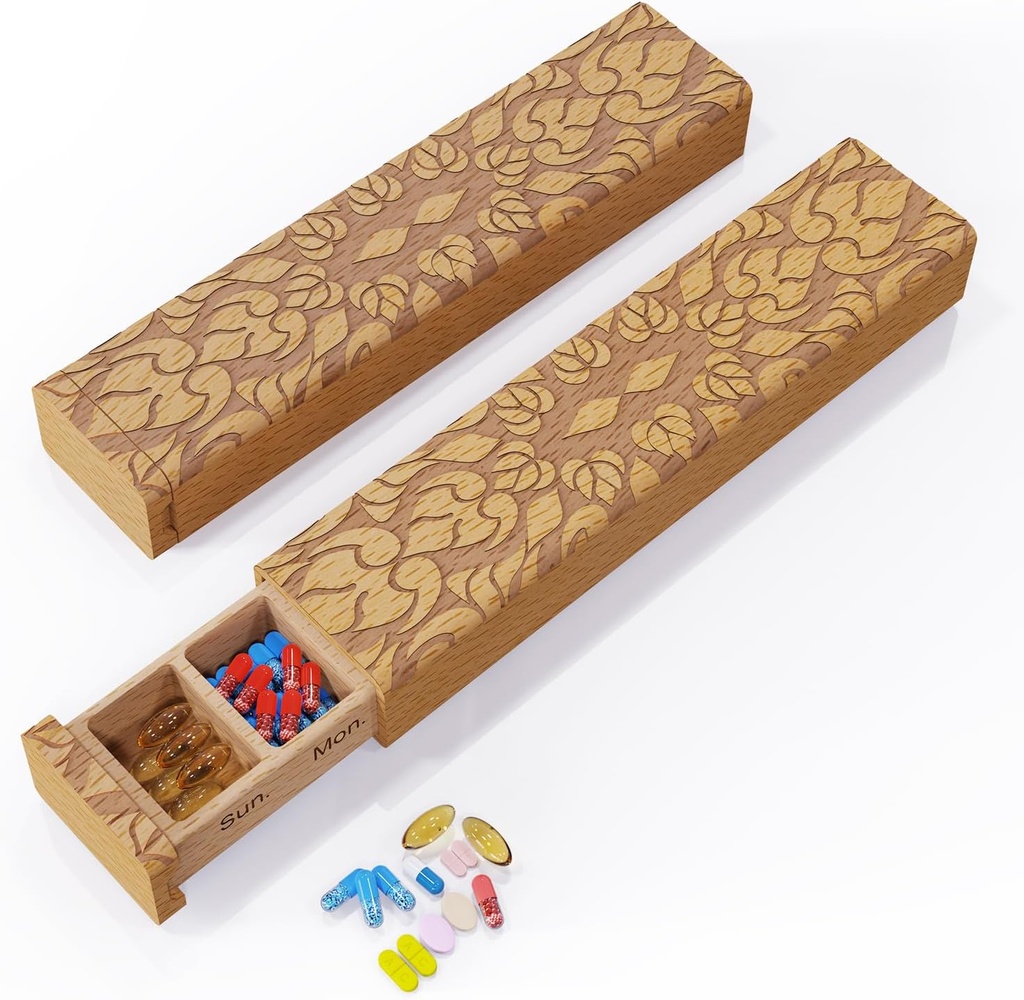 Wooden Pill Organizer, 7 Day Pill Box, Travel Pill Box, Wooden Pill sag beskyttelse af privatlivets fred perfekt til medicinering, vitaminer, fiskeolier, Kosttilskud (bøg)