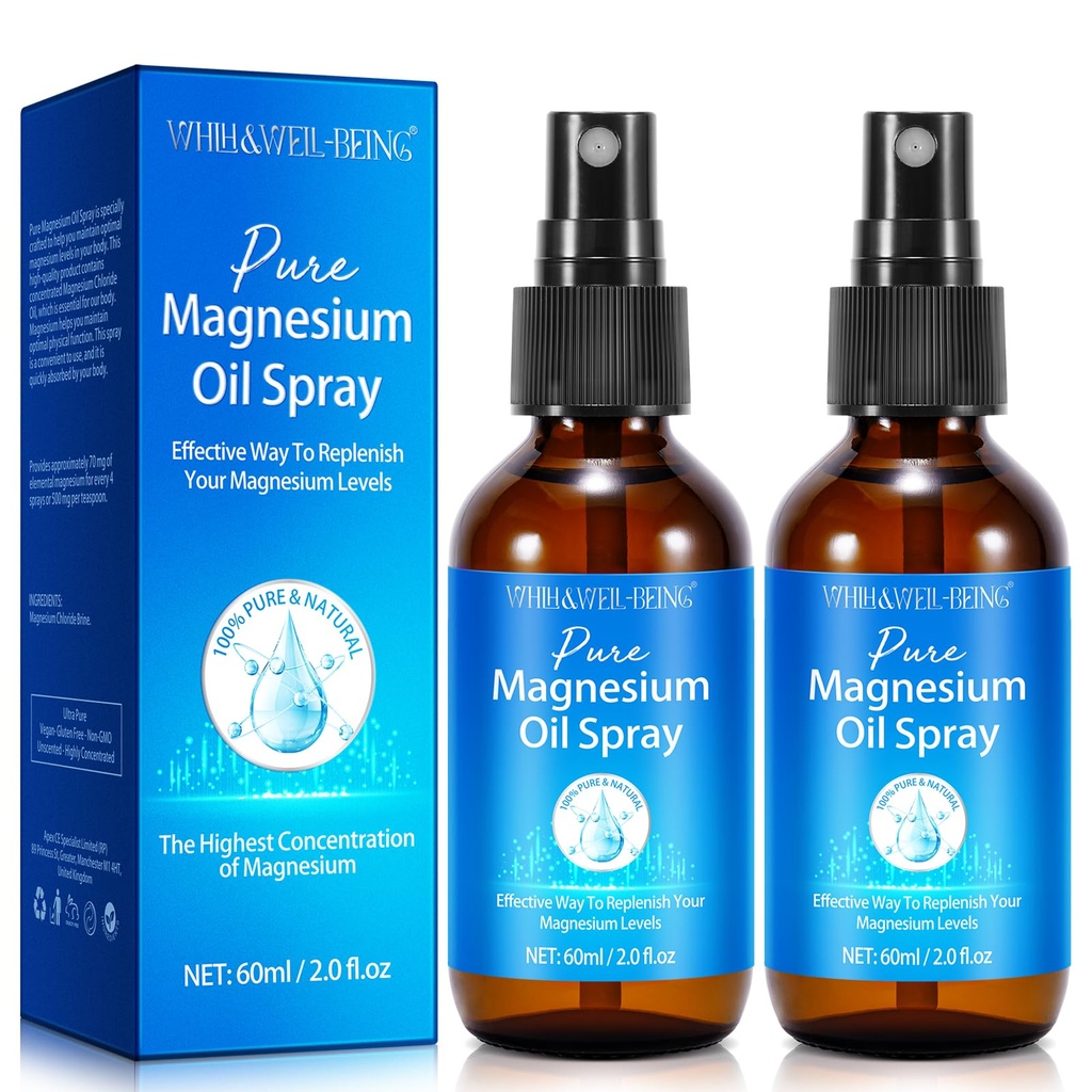 Magnesium Spray, Pure Magnesium Oil Spray til Feet, Natural Ingredient i glasflaske, Let at Absorb og Brug 2Pack