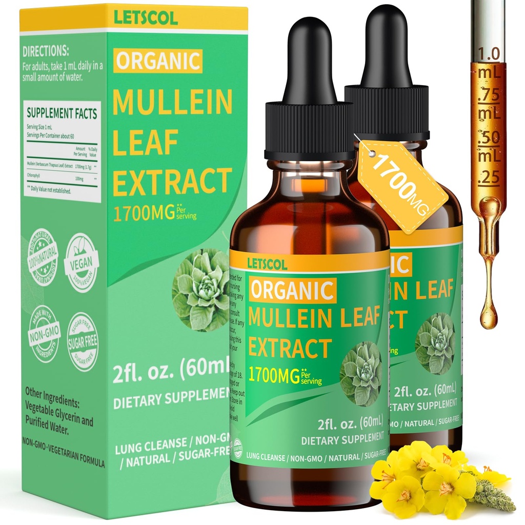 Organic Mullein Drops til Lung Cleanse, Kraftfuld 1700mg Mullein Leaf Extract for Immunation & Respiratory Support, Natural Mullein Supplement Tincture Drops Non- GMO & Vegan, 2 Fl Oz