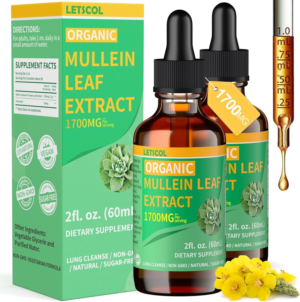 Organic Mullein Drops til Lung Cleanse, Kraftfuld 1700mg Mullein Leaf Extract for Immunation & Respiratory Support, Natural Mullein Supplement Tincture Drops Non- GMO & Vegan, 2 Fl Oz