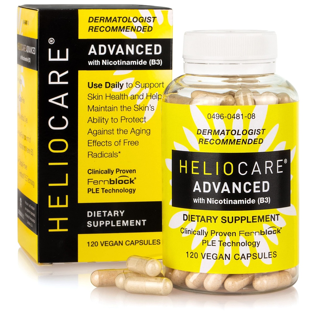 Heliocare Advanced Niacin B3 Supplement: Fernblock PLE Extract 240mg Per Serving - Understøtter hud celle sundhed W / antioxidant Rich Vitamin B3 Niacin 500 mg - 120 Vegan kapsler