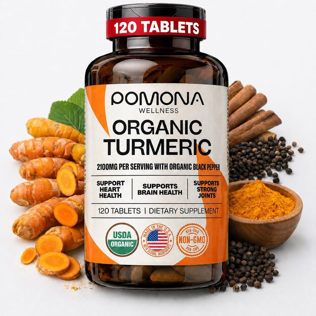 Pomona Wellness Organic Gurkemeje Supplement 2100 mg, USDA Organic, Non- GMO, Vegan, Gurkemeje med sort peber til Absorption, til fælles støtte og immunitet, 120 tabletter