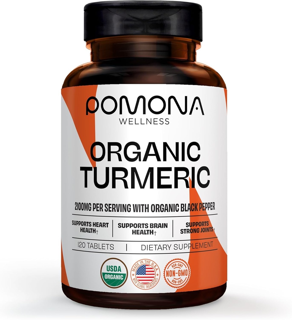 Pomona Wellness Organic Gurkemeje Supplement 2100 mg, USDA Organic, Non- GMO, Vegan, Gurkemeje med sort peber til Absorption, til fælles støtte og immunitet, 120 tabletter