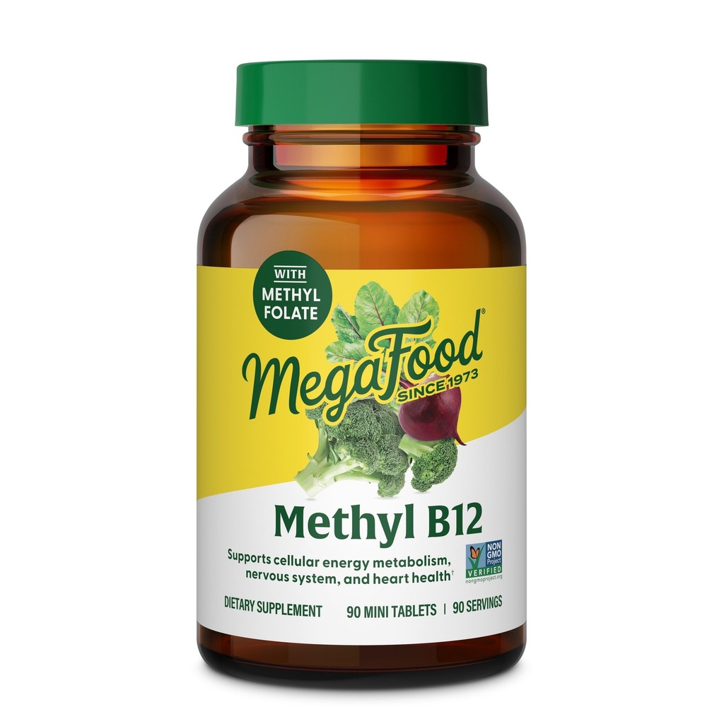 MegaFood Methyl B12 - Vegan - Inkluderer methylfolat, vitamin B12 & B6 - Understøtter cellulær energiproduktion, nervesystem Sundhed & Kardiovaskulær funktion - 90 tabletter