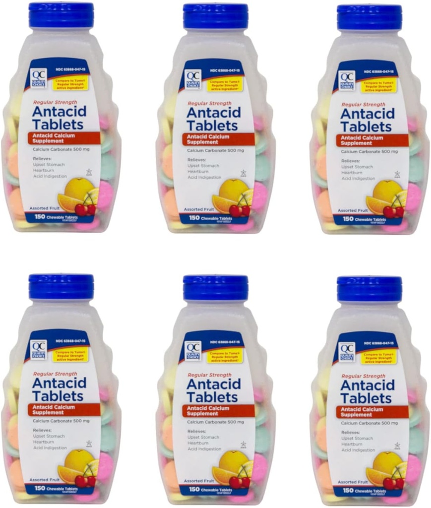 Kvalitetsvalg Regelmæssig styrke Calciumcarbonat 500 mg Antacida tyggetabletter, 150 greve - pakning med 6 stk.